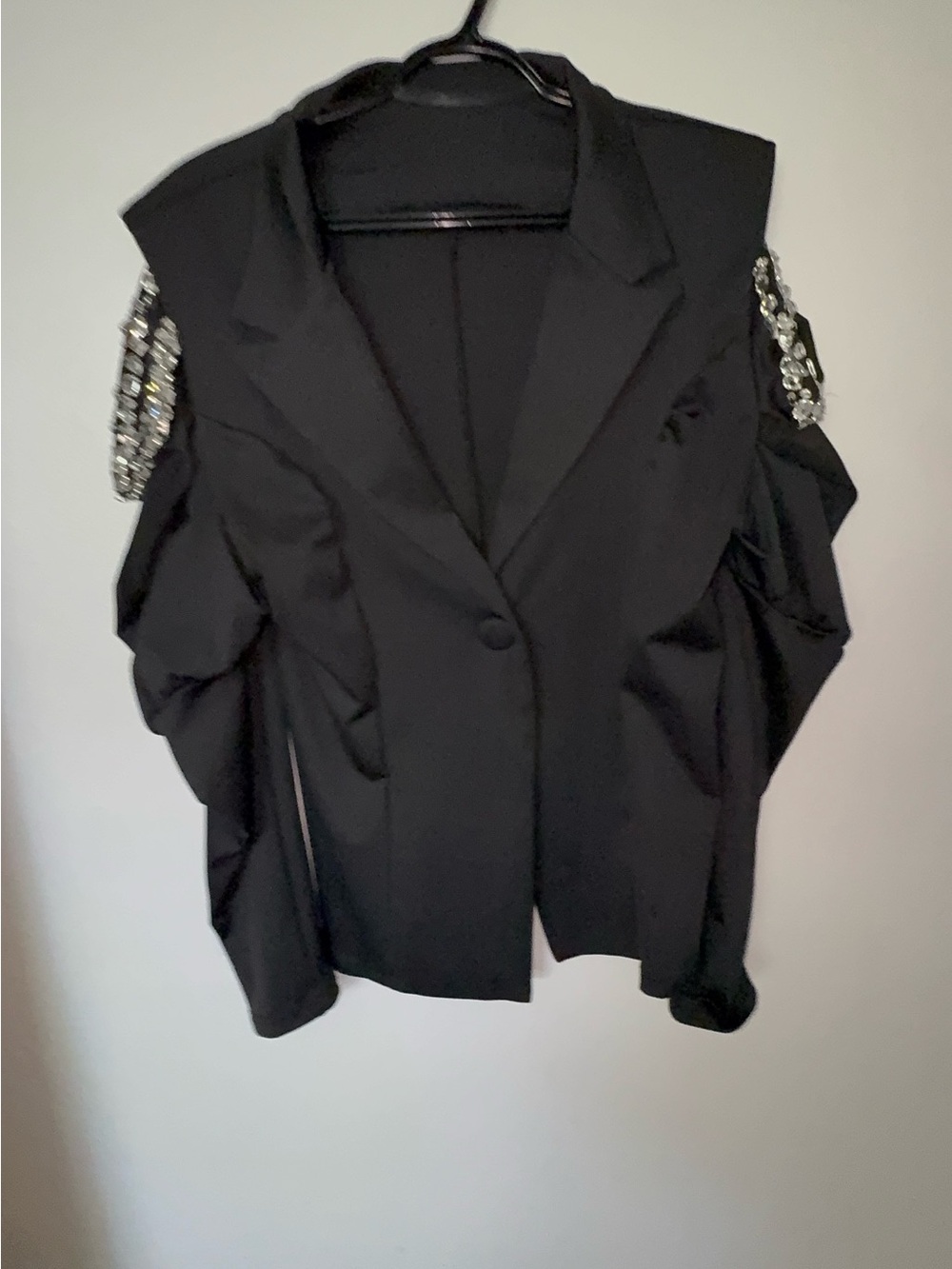 Black Cold-Shoulder Blazer Jacket with Embellished Sleeves